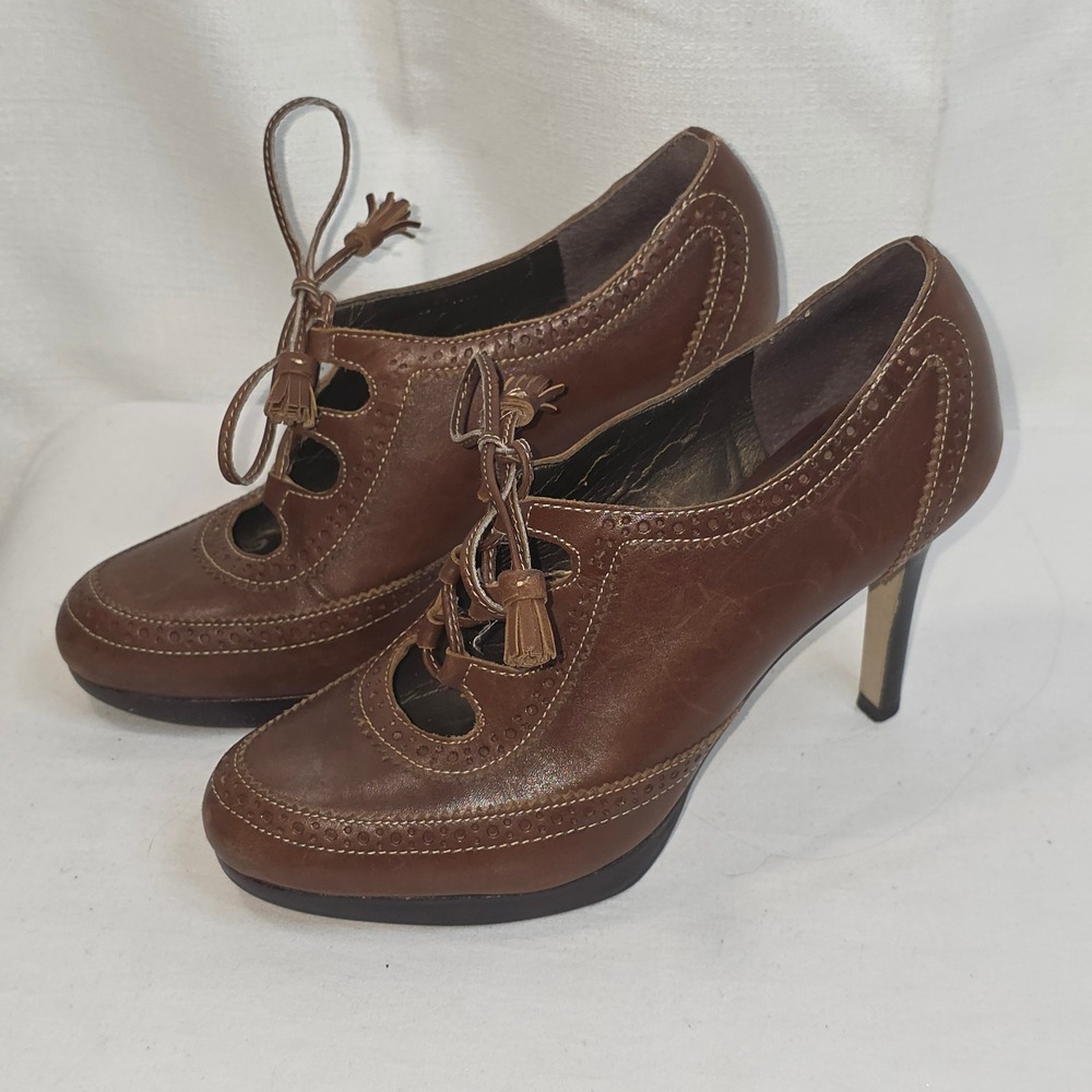 Talbots Brown Leather Lace Up Wingtip Brogue Oxford Tassel Heels 5B